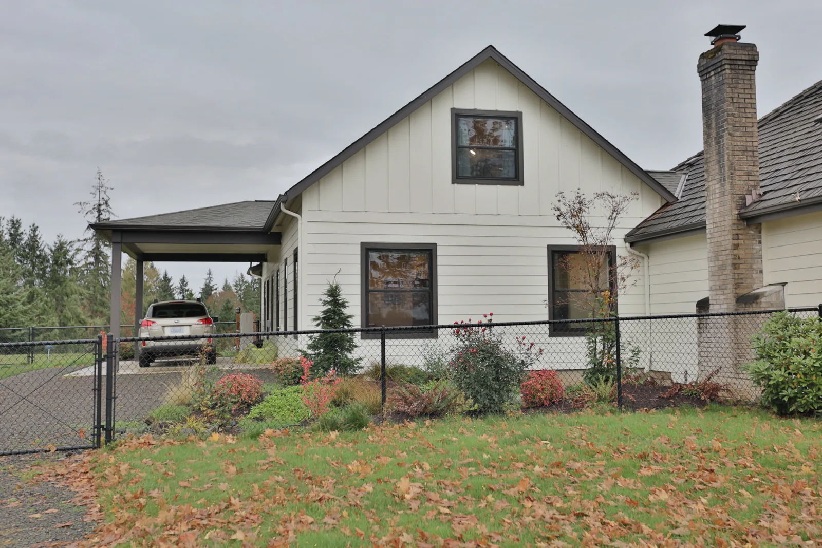 Board-and-batten gable end with dark bronze trim on the Ridgefield ADU